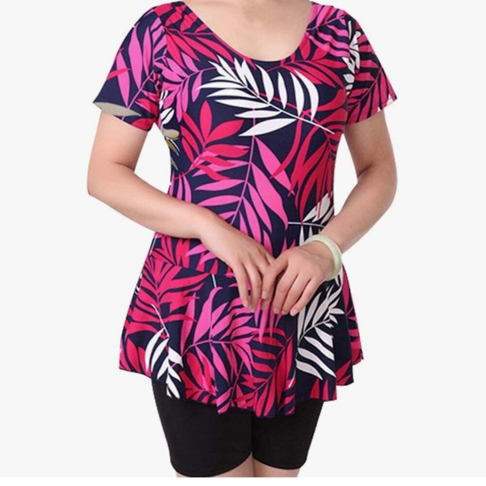 NWT Women's Modest One Piece Swim Dress Swimsuit Short Sleeve SZ 10-12